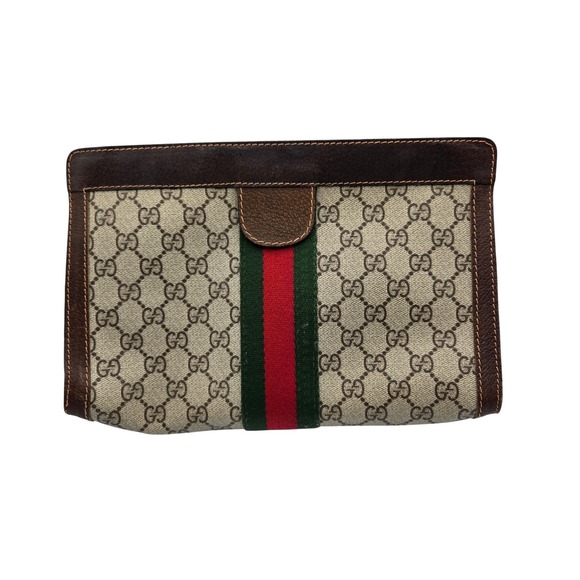 Vintage Gucci Clutch Bag GG Monogram Web Stripe Brown Leather Trim